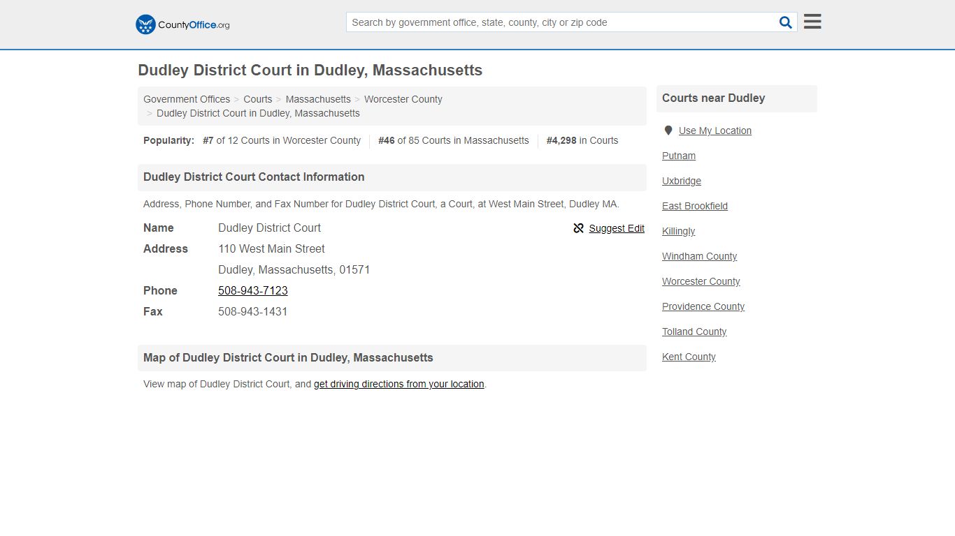 Dudley District Court - Dudley, MA (Address, Phone, and Fax)